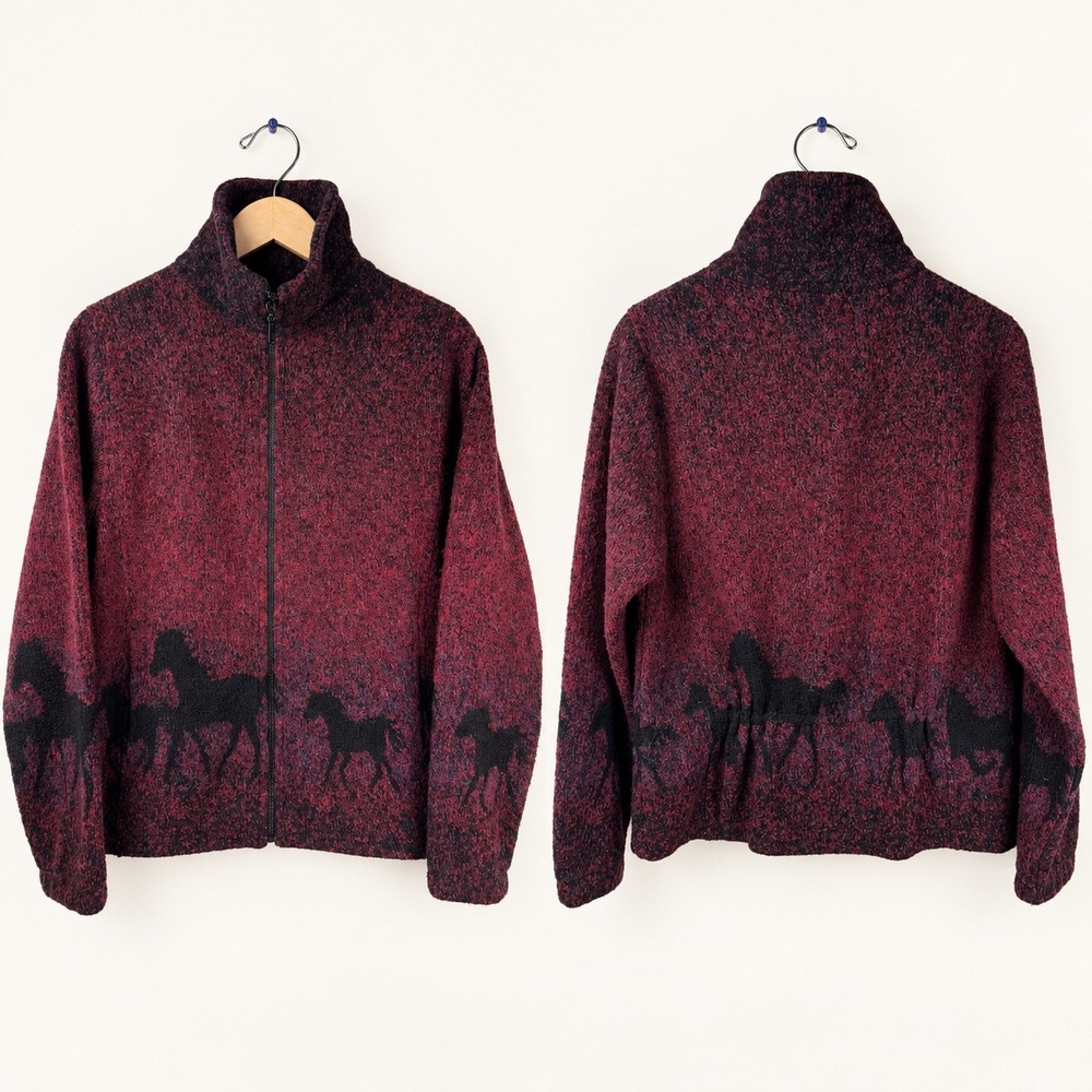 Vintage 90s Bear Ridge Horse Wool Blend Fleece Full Zip Jacket Mock Neck USA Med